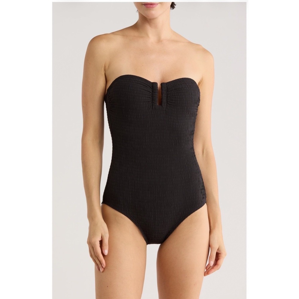 DKNY Bandeau Shirred One-Piece Swimsuit Black Notched Neckline 11049297 LARGE